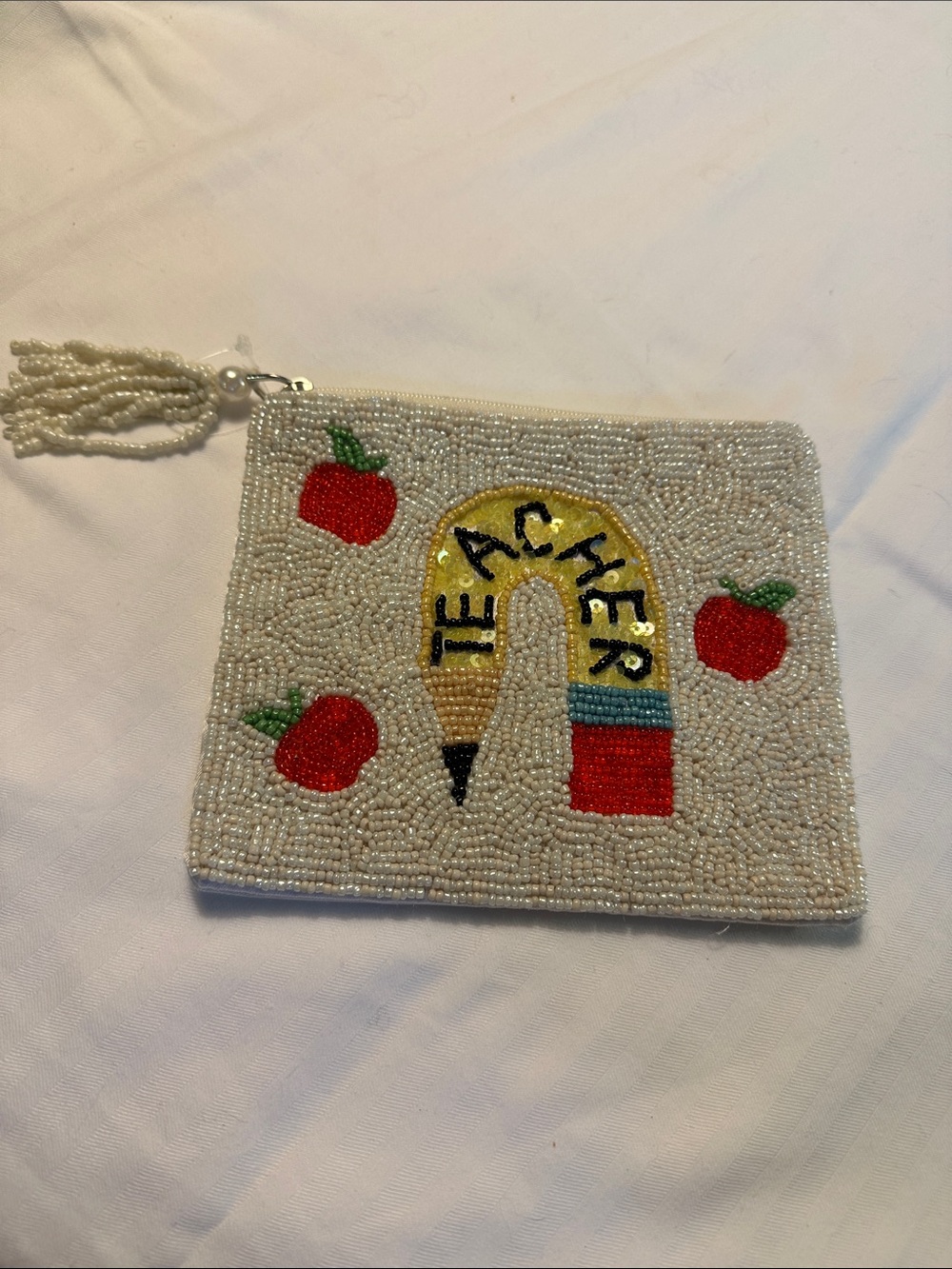 BCBGMaxAzria Cream Beaded Satin Wristlet Pouch